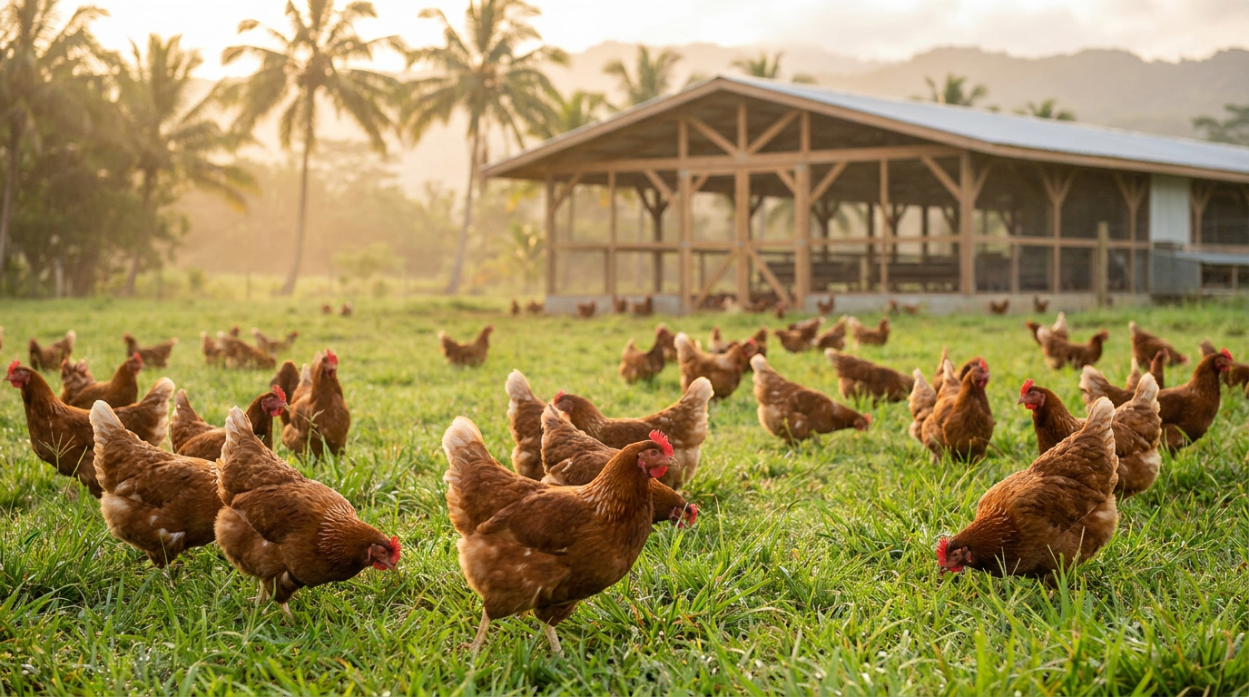 Gallinas criadas en libertad en el campo dominicano al amanecer
